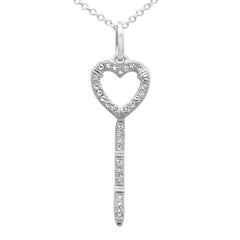 SPECIAL! .09ct G SI 14K White Gold Diamond Heart Key Pendant Necklace 18" Long