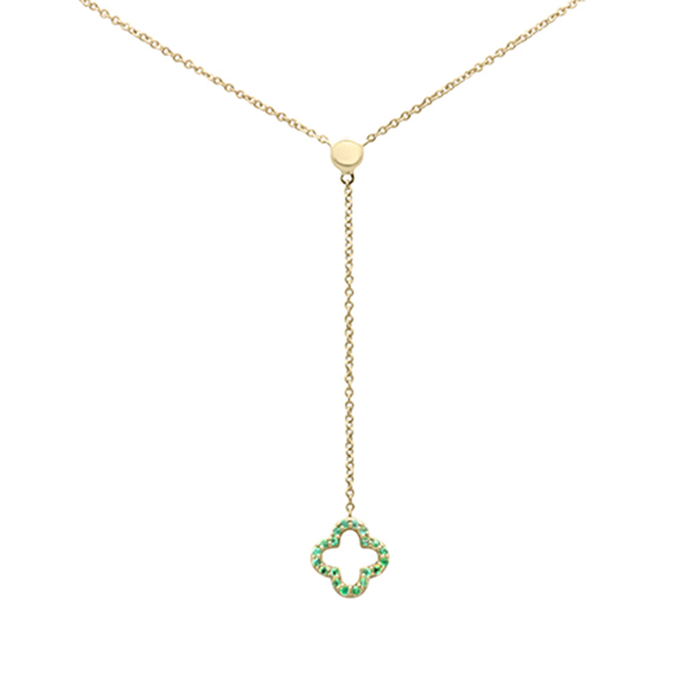 .08ct G SI 14K Yellow Gold  Emerald Gemstone Clover Lariat Pendant Necklace 16" Long