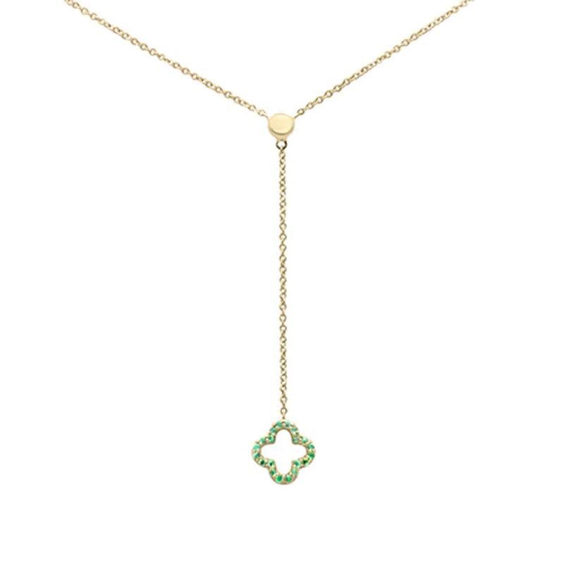.08ct G SI 14K Yellow Gold  Emerald Gemstone Clover Lariat Pendant Necklace 16" Long