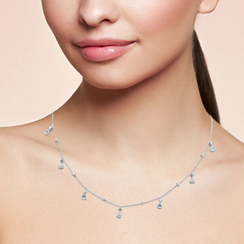 SPECIAL! .92ct G SI 14K White Gold Diamond & Aquamarine Gemstone Dangling Pendant Necklace 16" + 2" Ext