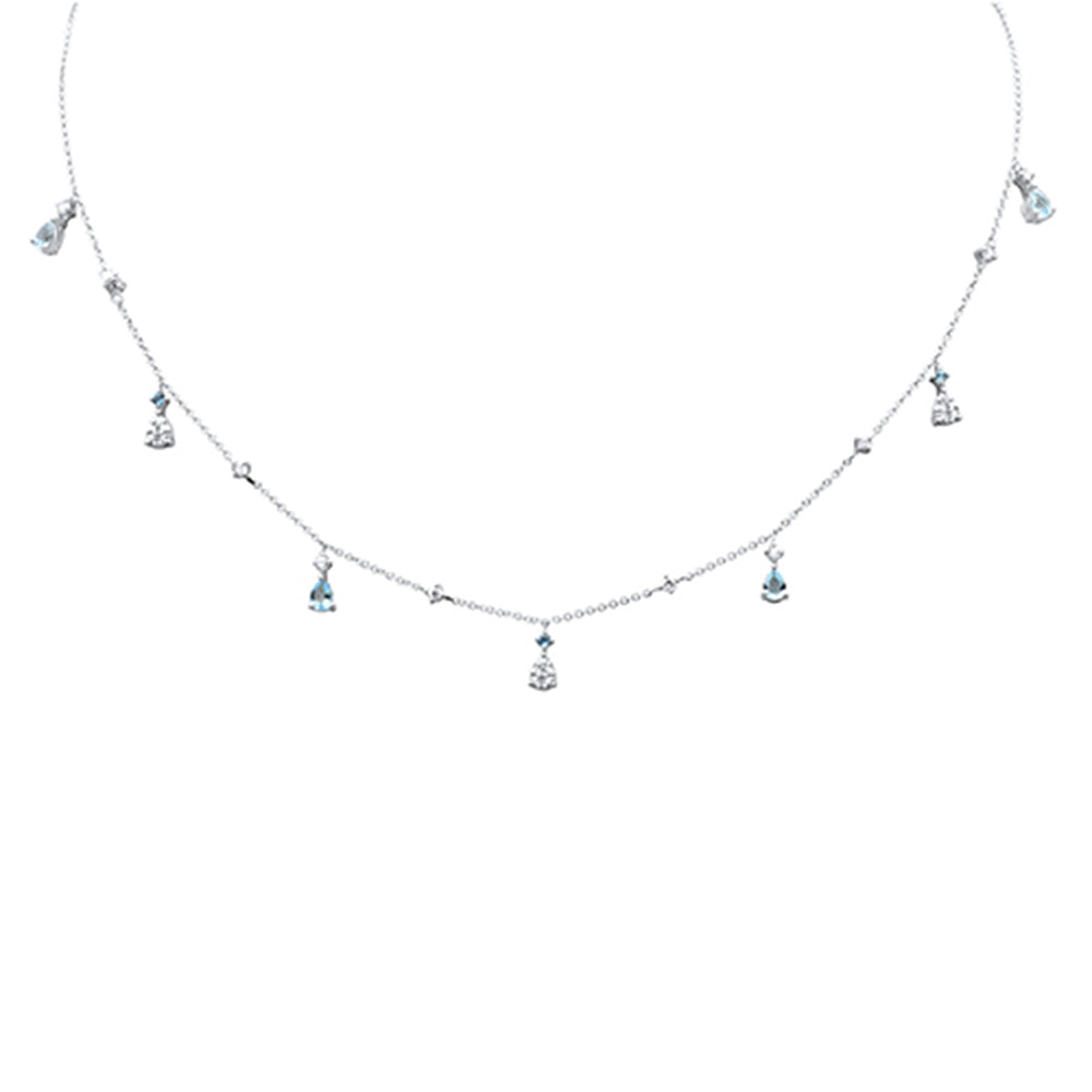 SPECIAL! .92ct G SI 14K White Gold Diamond & Aquamarine Gemstone Dangling Pendant Necklace 16" + 2" Ext