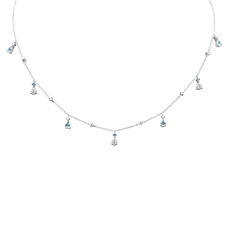 SPECIAL! .92ct G SI 14K White Gold Diamond & Aquamarine Gemstone Dangling Pendant Necklace 16" + 2" Ext