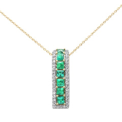 SPECIAL! 1.25ct G SI 14K Yellow Gold Diamond & Emerald Gemstone Line Pendant Necklace 18" Long