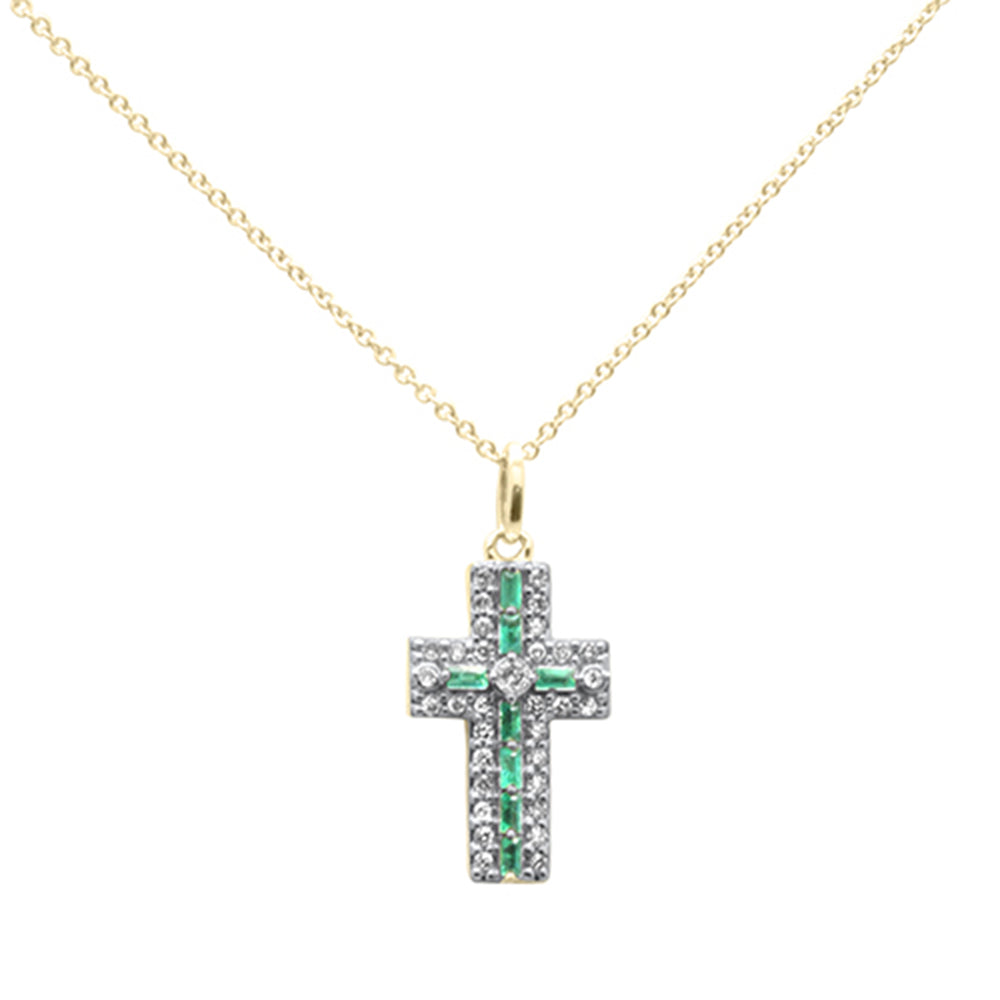 SPECIAL! .35ct G SI 14K Yellow Gold Diamond & Emerald Gemstone Cross Pendant Necklace 16" + 2" Ext