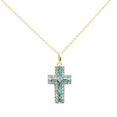 SPECIAL! .35ct G SI 14K Yellow Gold Diamond & Emerald Gemstone Cross Pendant Necklace 16" + 2" Ext