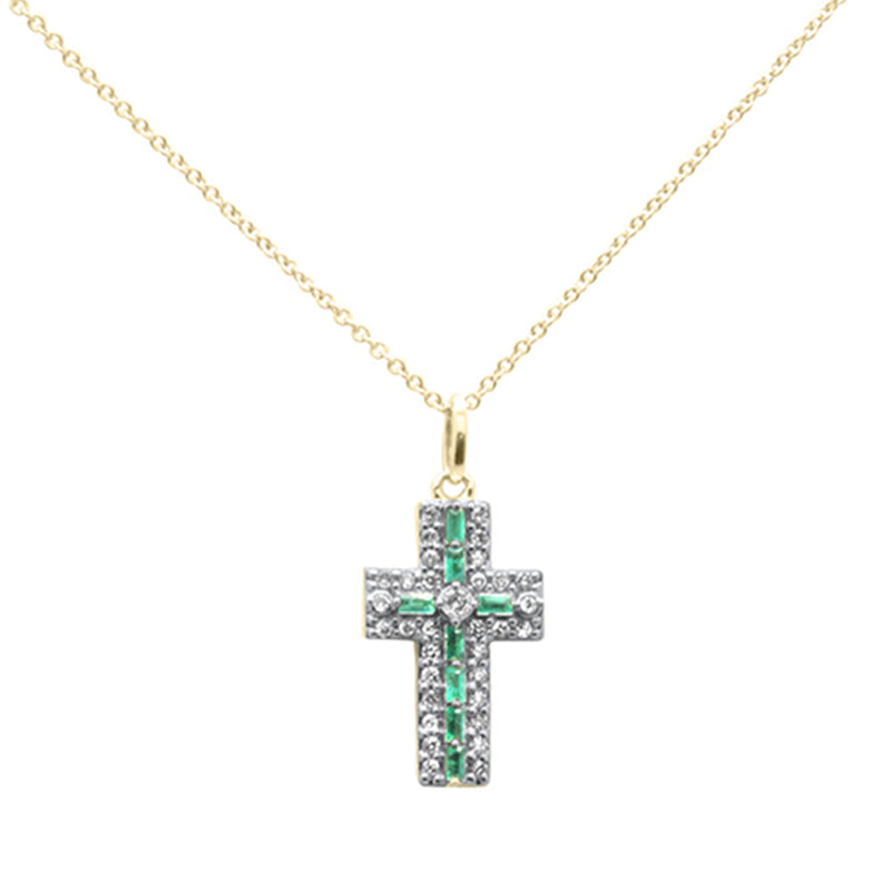 SPECIAL! .35ct G SI 14K Yellow Gold Diamond & Emerald Gemstone Cross Pendant Necklace 16" + 2" Ext