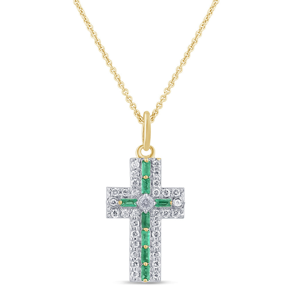 SPECIAL! .35ct G SI 14K Yellow Gold Diamond & Emerald Gemstone Cross Pendant Necklace 16" + 2" Ext