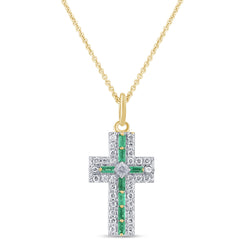 SPECIAL! .35ct G SI 14K Yellow Gold Diamond & Emerald Gemstone Cross Pendant Necklace 16" + 2" Ext