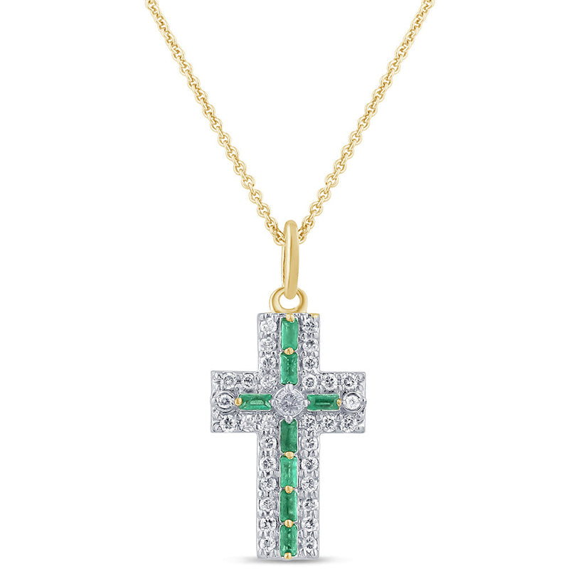 SPECIAL! .35ct G SI 14K Yellow Gold Diamond & Emerald Gemstone Cross Pendant Necklace 16" + 2" Ext