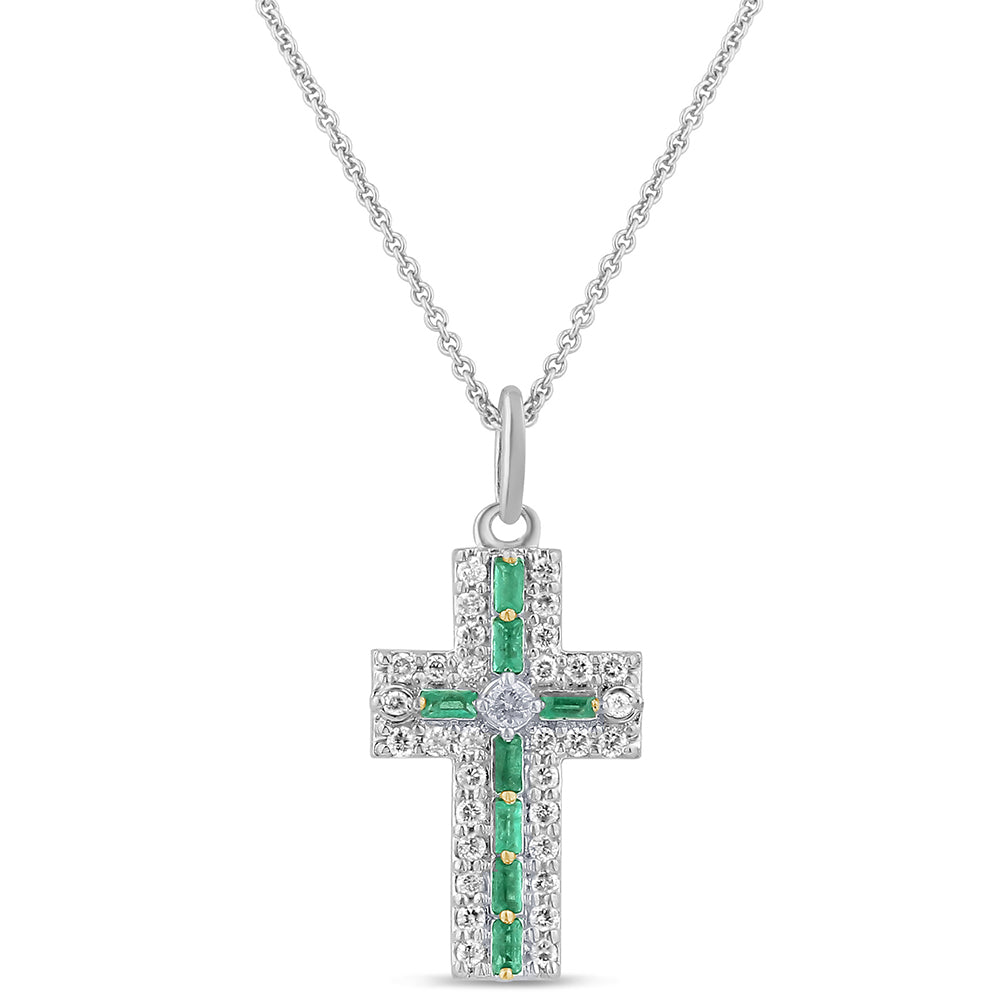 SPECIAL! .35ct G SI 14K White Gold Diamond & Emerald Gemstone Cross Pendant Necklace 16" + 2" Ext