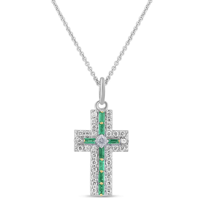 SPECIAL! .35ct G SI 14K White Gold Diamond & Emerald Gemstone Cross Pendant Necklace 16" + 2" Ext