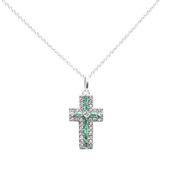 SPECIAL! .35ct G SI 14K White Gold Diamond & Emerald Gemstone Cross Pendant Necklace 16" + 2" Ext