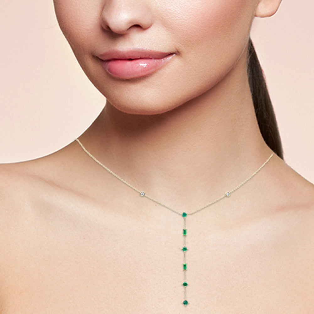 SPECIAL! .71ct G SI 14K Yellow Gold Diamond & Emerald Gemstone Drop Lariat Pendant Necklace 16" + 2" Ext