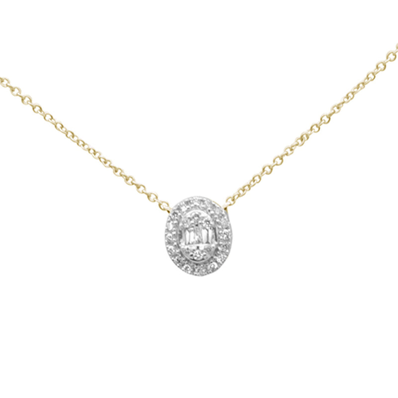 SPECIAL! .16ct G SI 14K Yellow Gold Diamond Round & Baguette Oval Shape Pendant Necklace 16" + 2" Ext