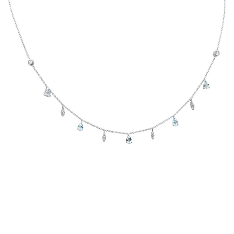 SPECIAL!.79ct G SI 14K White Gold Diamond & Aquamarine Gemstone Dangling Pendant Necklace 16" + 2" Ext