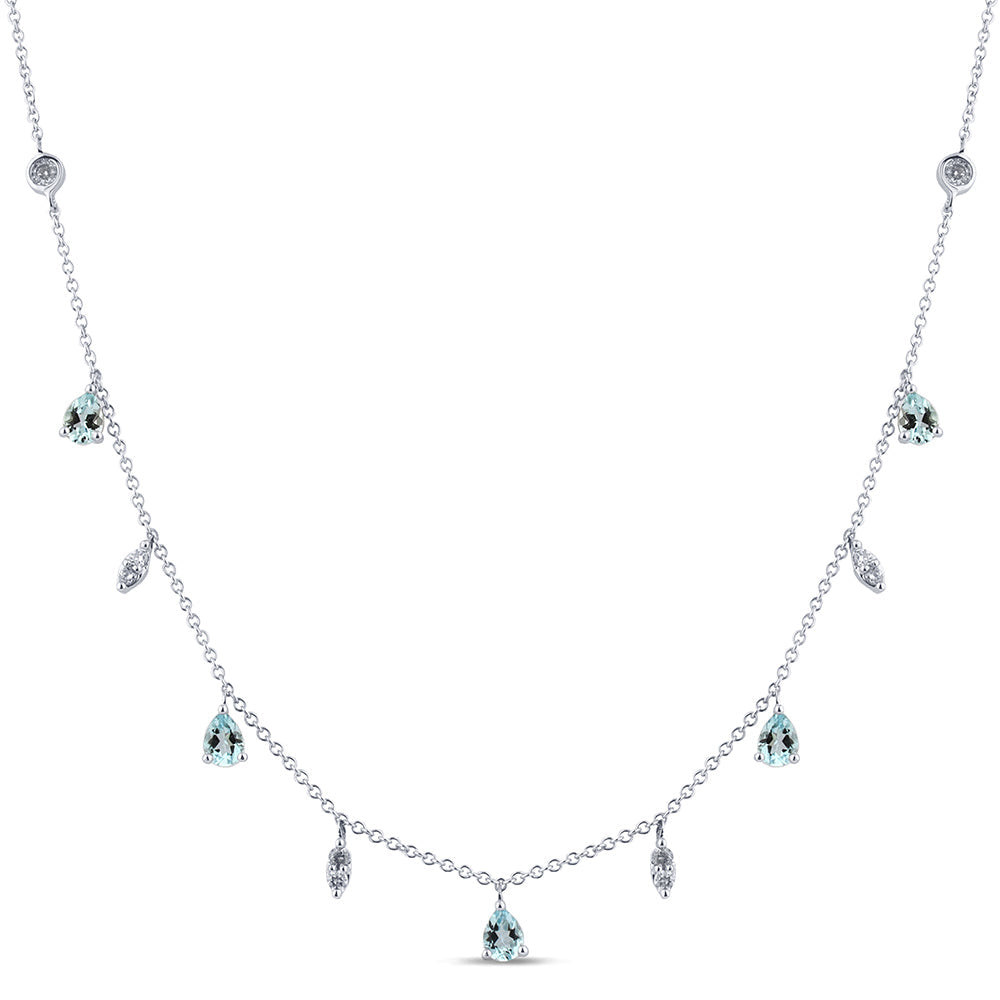 SPECIAL!.79ct G SI 14K White Gold Diamond & Aquamarine Gemstone Dangling Pendant Necklace 16" + 2" Ext
