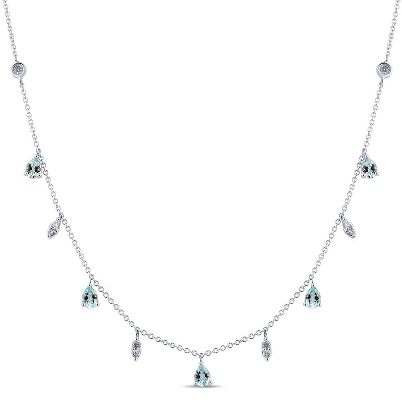 SPECIAL!.79ct G SI 14K White Gold Diamond & Aquamarine Gemstone Dangling Pendant Necklace 16" + 2" Ext