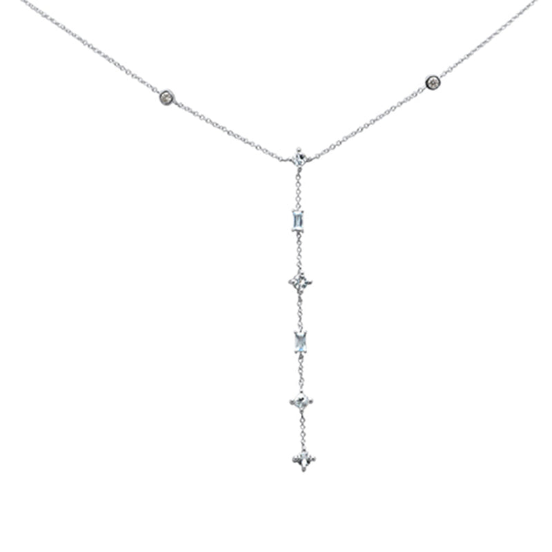 SPECIAL!.60ct G SI 14K White Gold Diamond & Aquamarine Gemstone Drop Lariat Pendant Necklace 18" Long