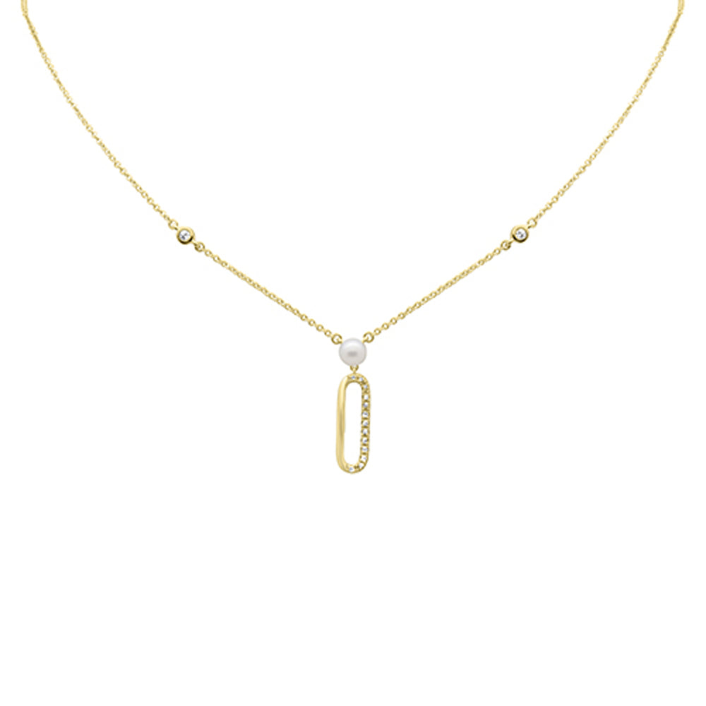 SPECIAL!.08ct G SI 14K Yellow Gold Diamond Paperclip & Pearl Pendant Necklace 16" + 2" EXT