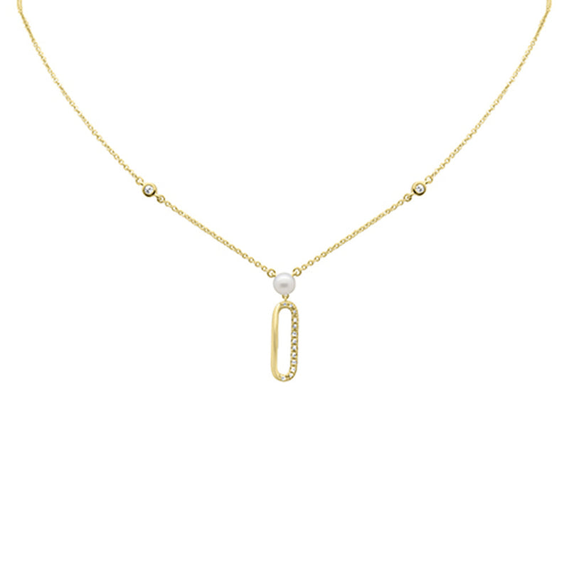 SPECIAL!.08ct G SI 14K Yellow Gold Diamond Paperclip & Pearl Pendant Necklace 16" + 2" EXT