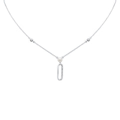 SPECIAL!.08ct G SI 14K White Gold Diamond Paperclip & Pearl Pendant Necklace 16" + 2" EXT