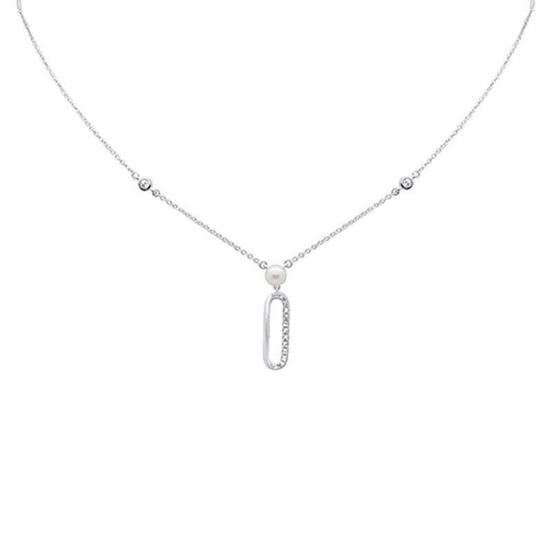 SPECIAL!.08ct G SI 14K White Gold Diamond Paperclip & Pearl Pendant Necklace 16" + 2" EXT