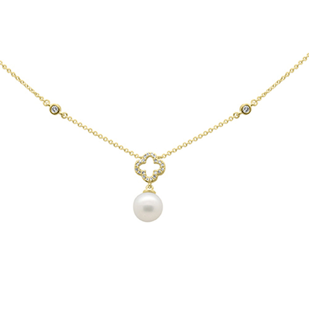 SPECIAL! .11ct G SI 14K Yellow Gold Diamond Flower & Pearl Pendant Necklace 16" + 2" EXT