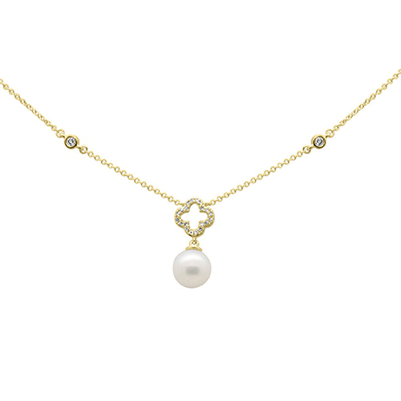 SPECIAL! .11ct G SI 14K Yellow Gold Diamond Flower & Pearl Pendant Necklace 16" + 2" EXT