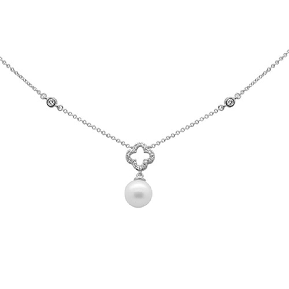 SPECIAL!.11ct G SI 14K White Gold Diamond Flower & Pearl Pendant Necklace 16" + 2" EXT
