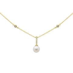 SPECIAL!.08ct G SI 14K Yellow Gold Diamond Dangling Pearl Pendant Necklace 16" + 2" EXT