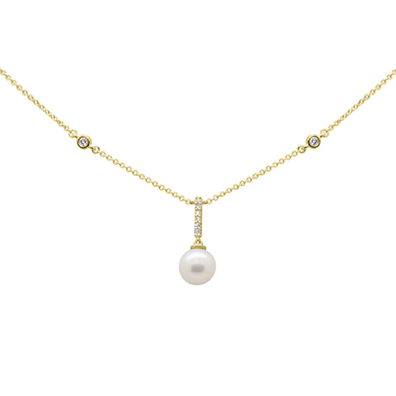 SPECIAL!.08ct G SI 14K Yellow Gold Diamond Dangling Pearl Pendant Necklace 16" + 2" EXT