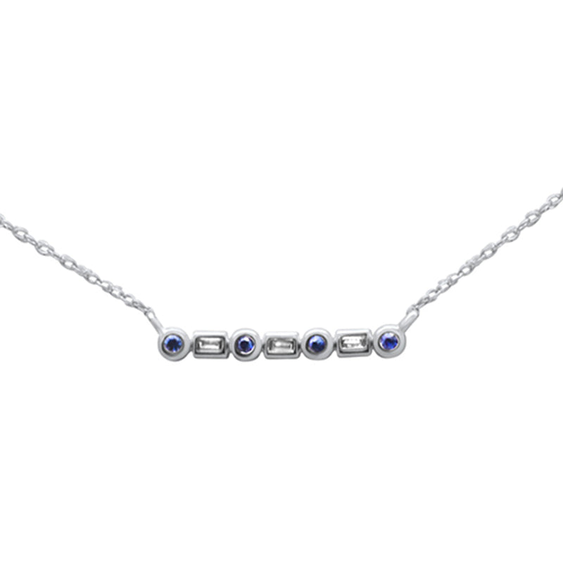 .10ct G SI 14K White Gold Diamond & Blue Sapphire Pendant Necklace 18"Long