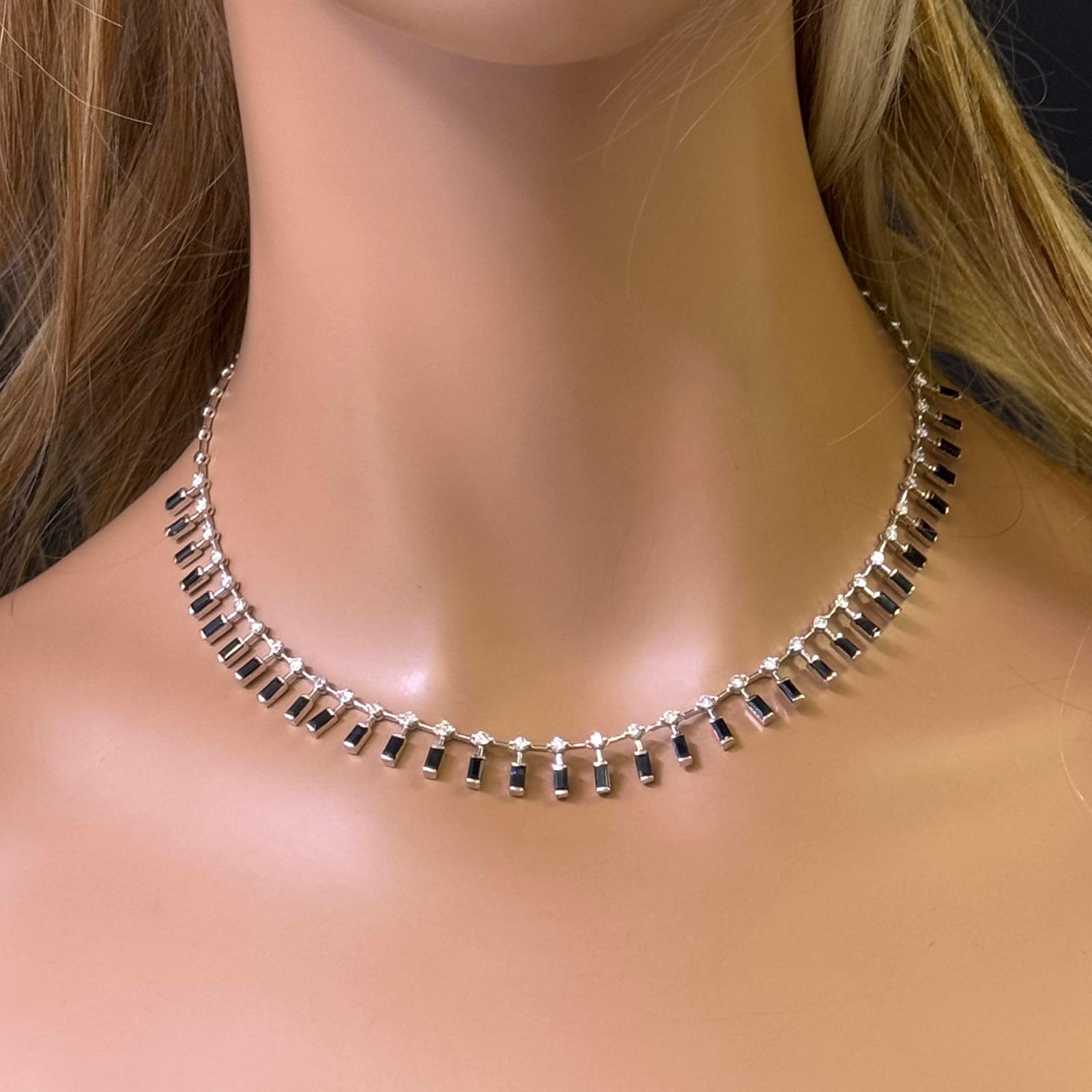 SPECIAL! 7.38ct G SI 14K White Gold Diamond & Emerald Cut Blue Sapphire Necklace 16+2" Long