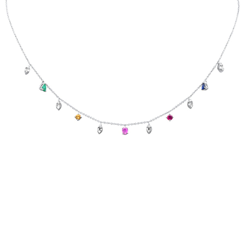 GEMSTONE CLOSEOUT!  1.12ct G SI 14K White Gold Diamond & Multi Color Gemstone Necklace 16+2" Ext
