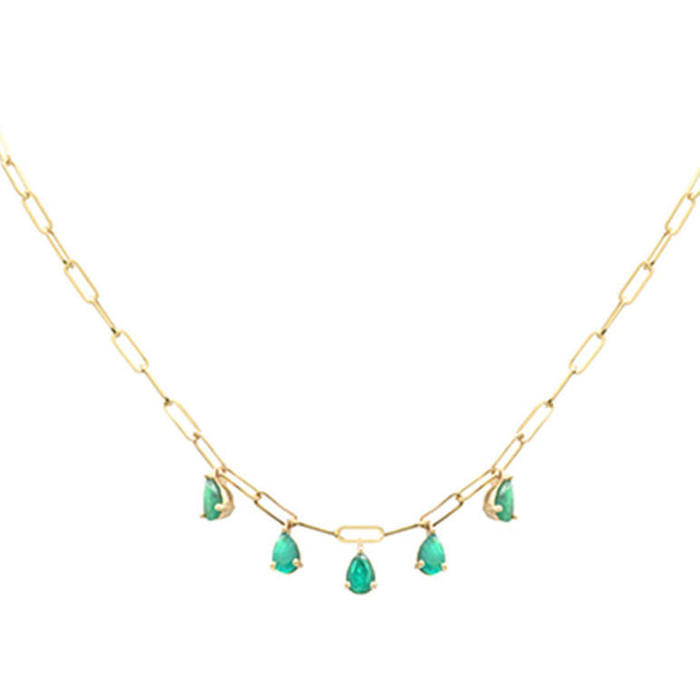 SPECIAL! 1.65ct G SI 14K Yellow Gold Pear Green Emerald Gemstone Paperclip Necklace 14 + 2" Ext