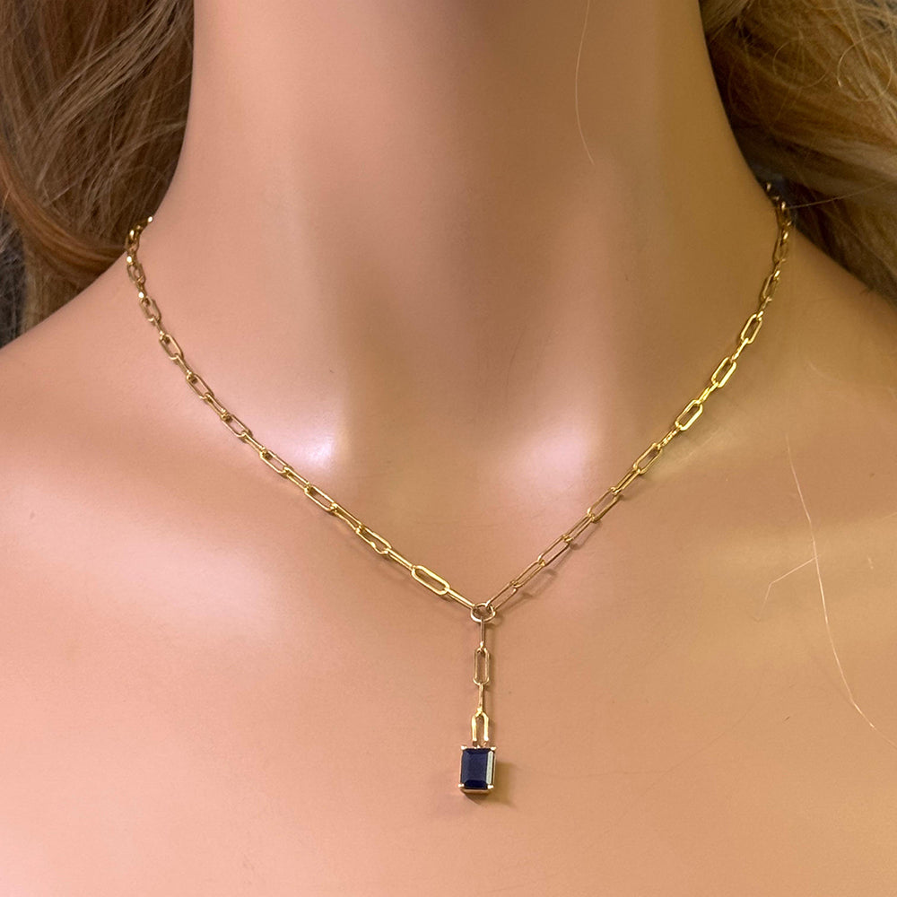SPECIAL! .91ct G SI 14K Yellow Gold Natural Blue Sapphire Gemstone Paperclip Necklace 14 + 2" Ext