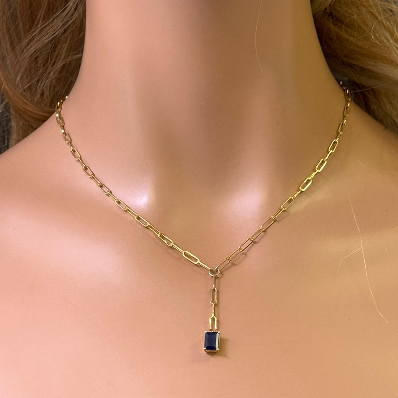 SPECIAL! .91ct G SI 14K Yellow Gold Natural Blue Sapphire Gemstone Paperclip Necklace 14 + 2" Ext