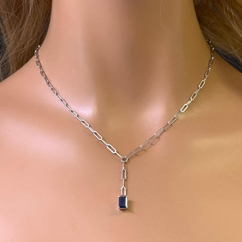 SPECIAL! .90ct G SI 14K White Gold Natural Blue Sapphire Gemstone Paperclip Necklace 14 + 2" Ext