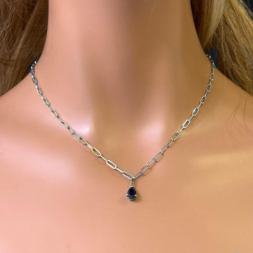 SPECIAL! 1.10ct G SI 14K White Gold Blue Sapphire Paperclip Necklace 14 + 2" Ext