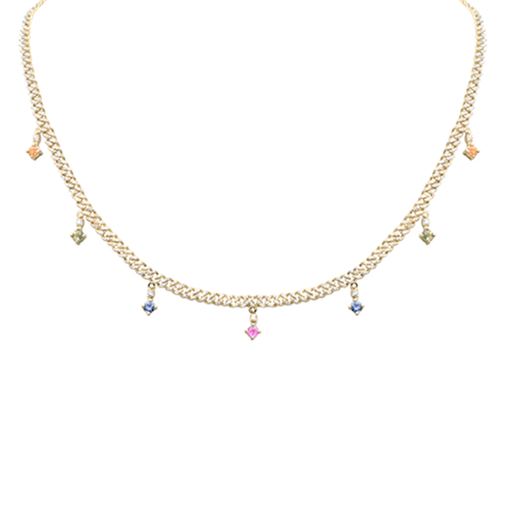 SPECIAL! 2.24ct G SI 14K Yellow Gold Diamond & Multi Color Gemstone Cuban Chain Necklace 12+4" Ext
