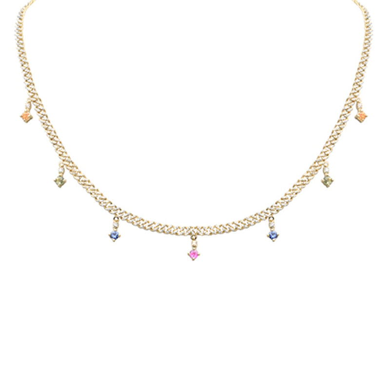 SPECIAL! 2.24ct G SI 14K Yellow Gold Diamond & Multi Color Gemstone Cuban Chain Necklace 12+4" Ext