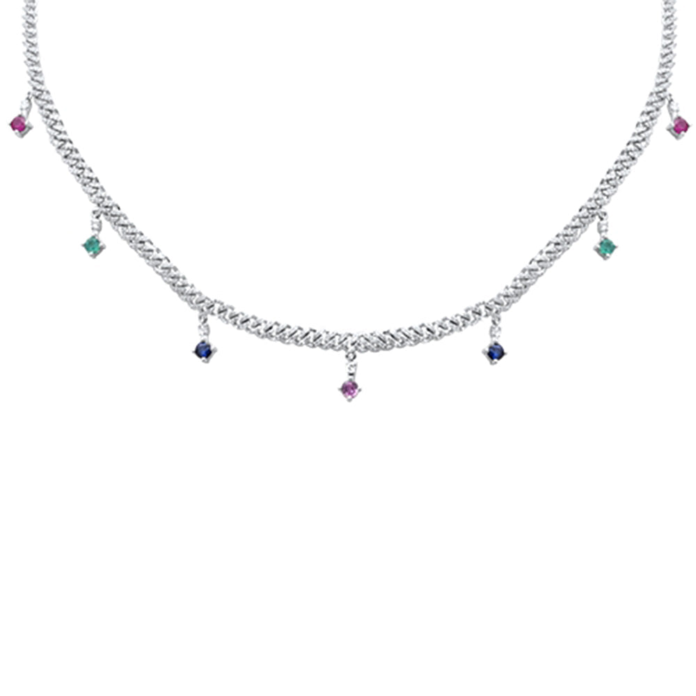 SPECIAL! 2.03ct G SI 14K White Gold Diamond & Multi Color Gemstone Cuban Link Necklace 12" + 4" EXT