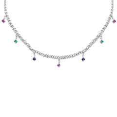 SPECIAL! 2.03ct G SI 14K White Gold Diamond & Multi Color Gemstone Cuban Link Necklace 12" + 4" EXT