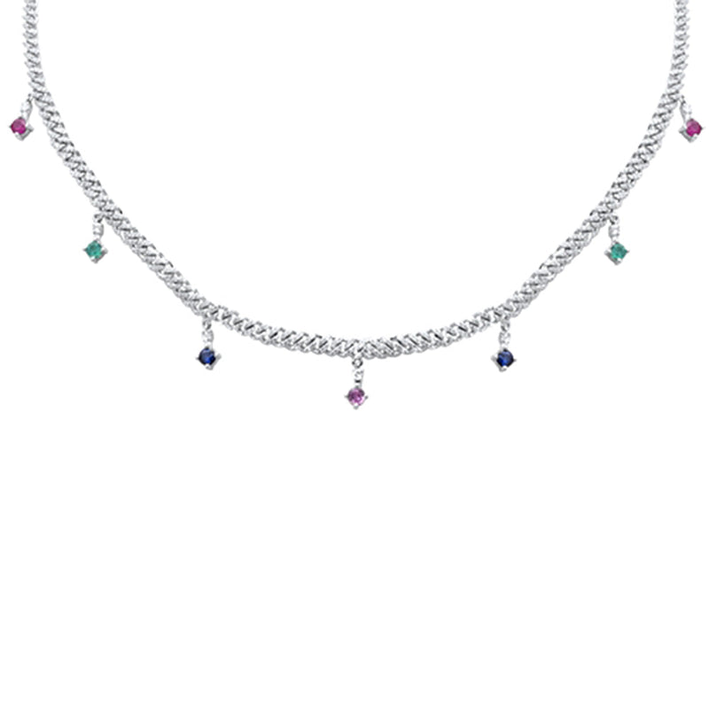 SPECIAL! 2.03ct G SI 14K White Gold Diamond & Multi Color Gemstone Cuban Link Necklace 12" + 4" EXT