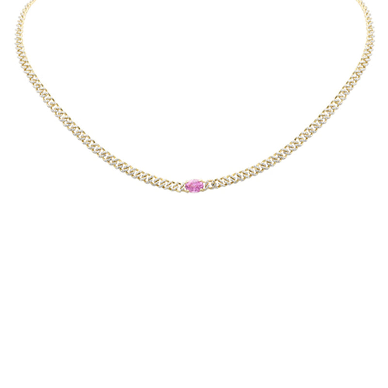 SPECIAL! 1.93ct G SI 14K Yellow Gold Diamond & Pink Sapphire Cuban Chain Necklace 13+3" Ext
