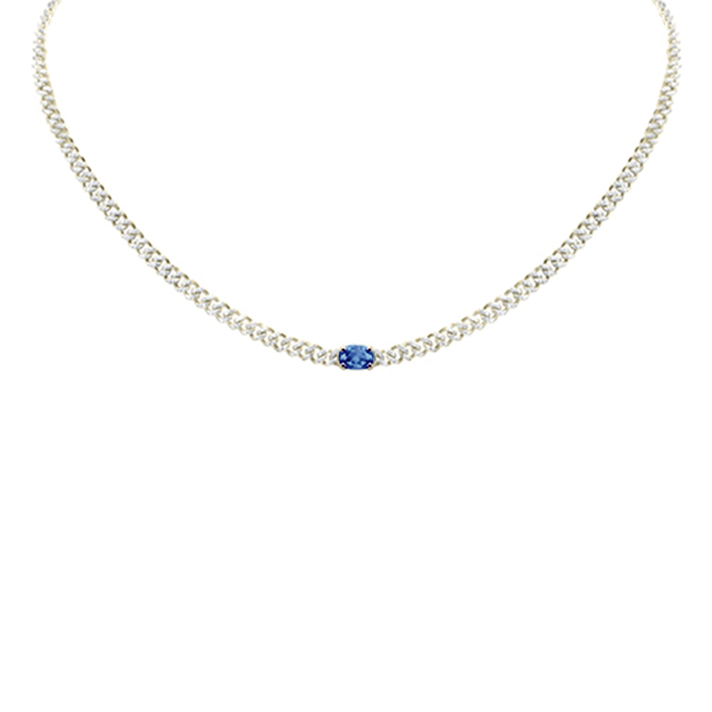 SPECIAL! 1.66ct G SI 14K Yellow Gold Round Diamond & Oval Shaped Blue Sapphire Cuban Necklace 13 + 3" Ext.