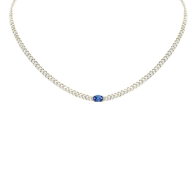 SPECIAL! 1.66ct G SI 14K Yellow Gold Round Diamond & Oval Shaped Blue Sapphire Cuban Necklace 13 + 3" Ext.