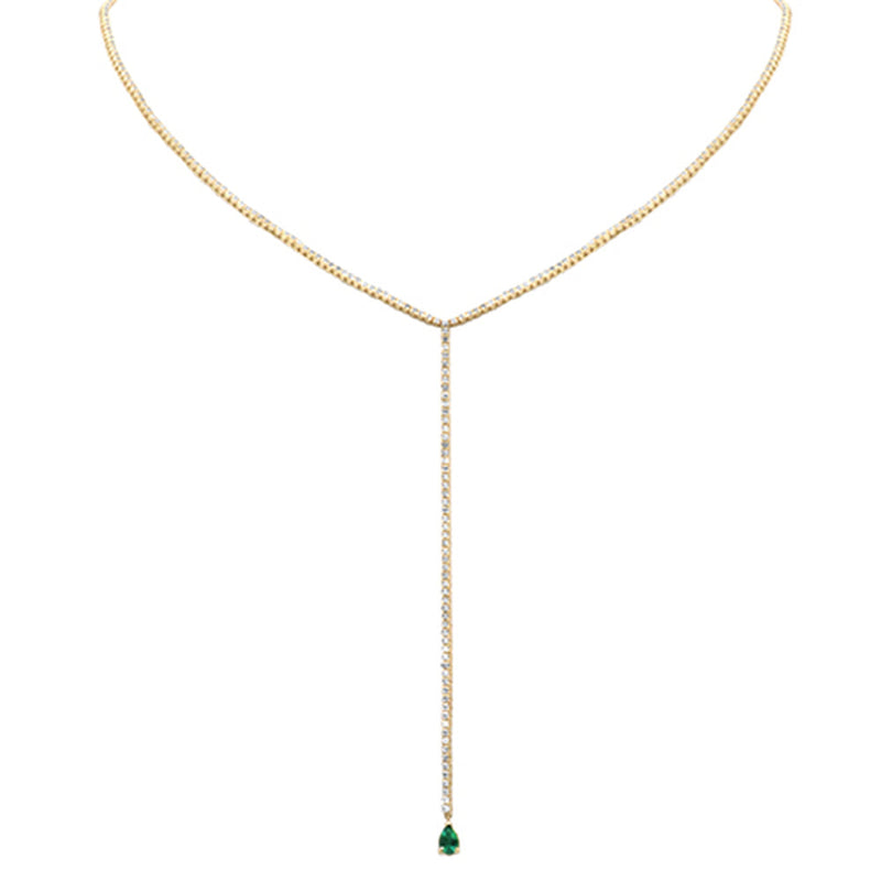 SPECIAL! 2.99ct G SI 14K Yellow Gold Diamond & Pear Shaped Emerald Gemstone Tennis Drop Y Lariat Necklace 14+4'Ext