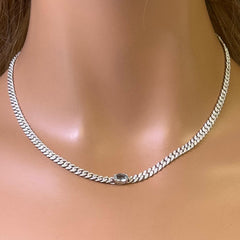 SPECIAL! 2.12ct G SI 14K White Gold Oval Shaped Aqua Gemstone & Diamond Cuban Necklace 13+3" Long