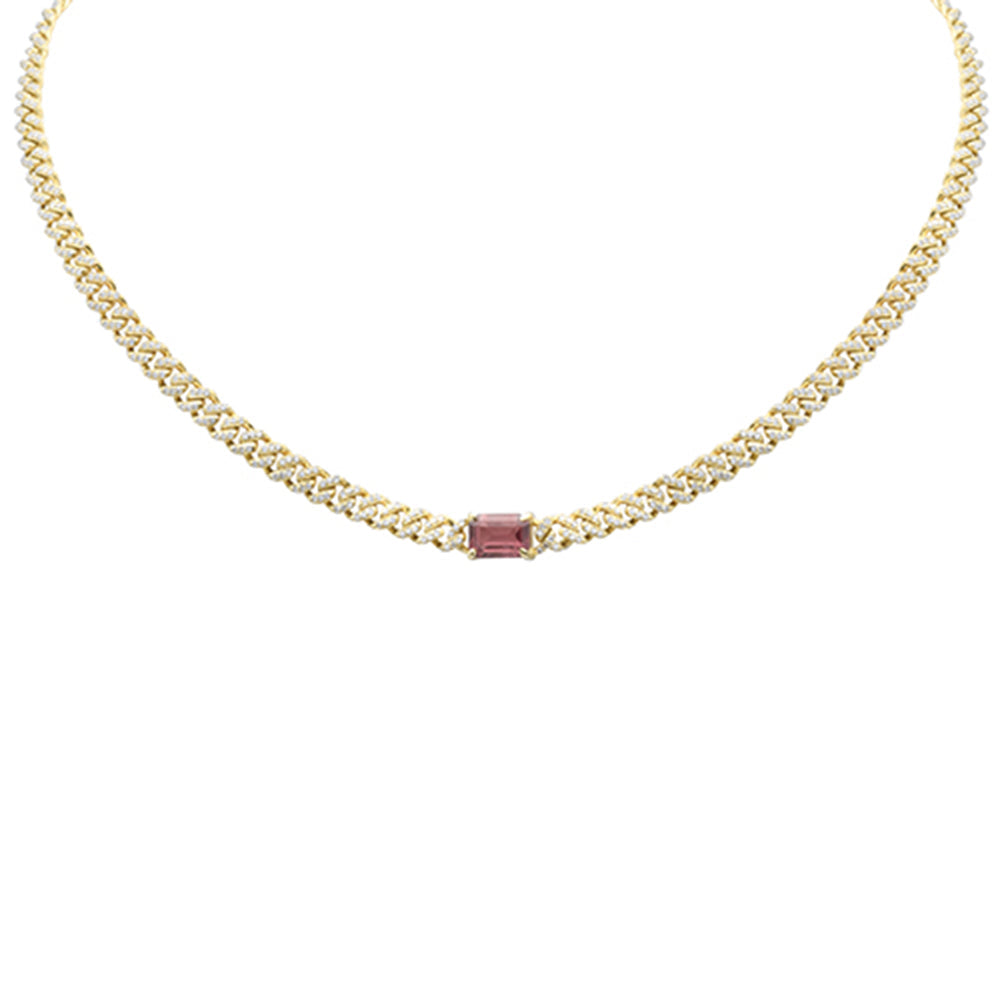 SPECIAL! 2.56ct G SI 14K Yellow Gold Diamond & Pink Tourmaline Emerald Cut Gemstone Necklace 13+3" Long